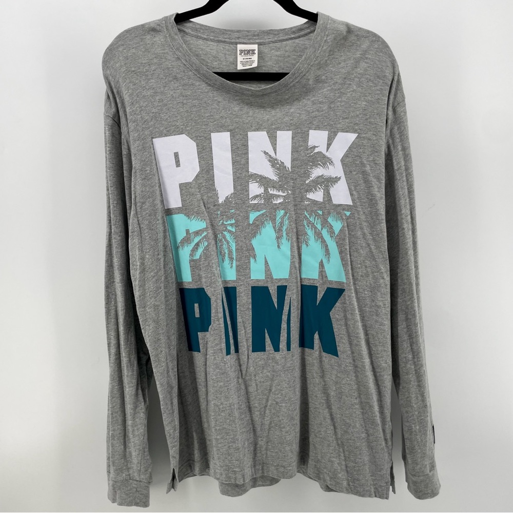 Victoria’s Secret PINK Long Sleeve Shirt Gray Blue Logo Palm Trees M